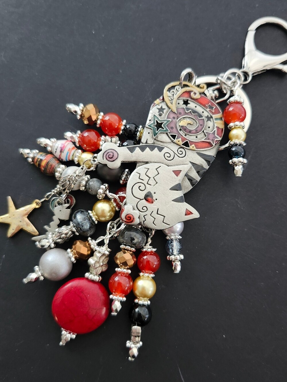 Upcycled Bohemian Cat Purse Charm Picasso Jasper Obsidian Howlite Handcrafted